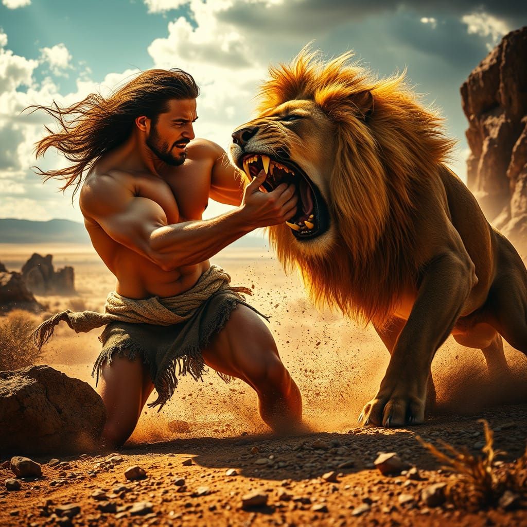 Muscular Samson Battles Fierce Lion in Sunlit Wilderness
