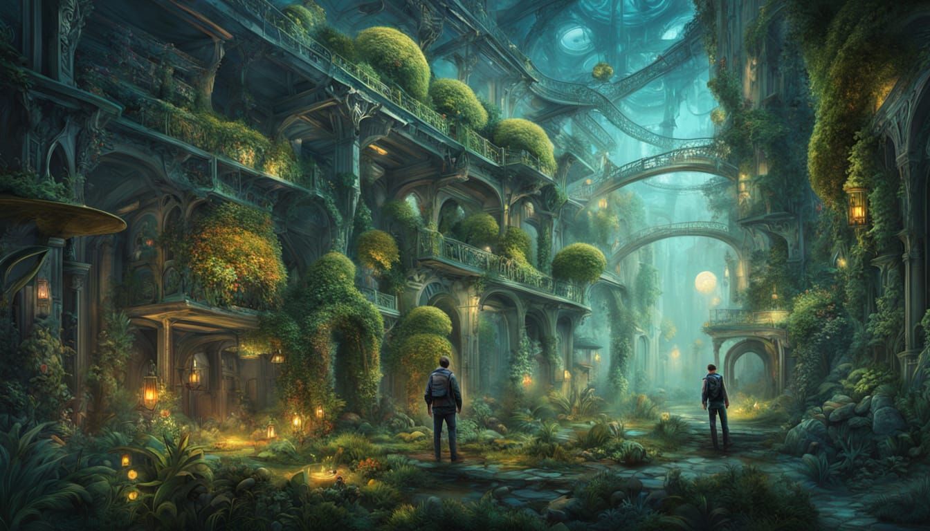 Surreal Steampunk Garden on an Alien Planet in Cosmic Illust...