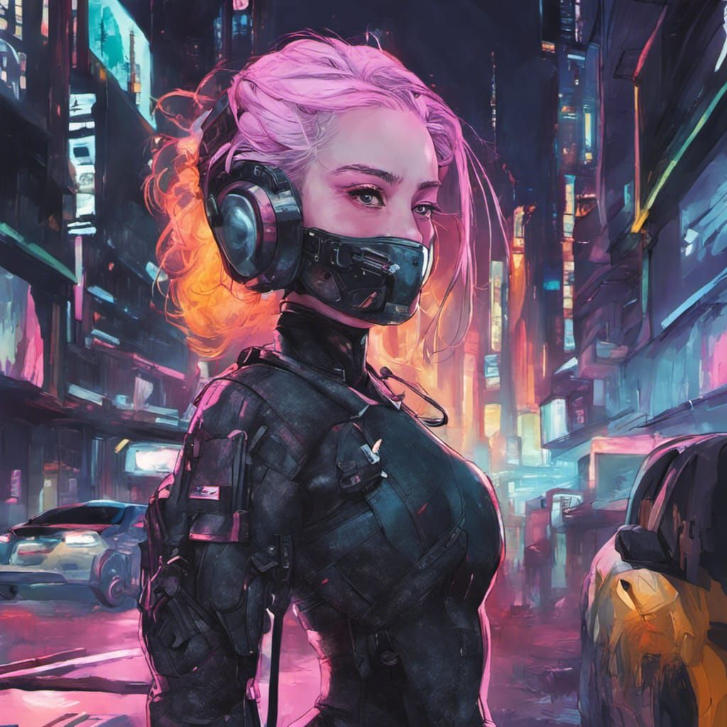 Cyberpunk Girl with Hoverboard in Neon City