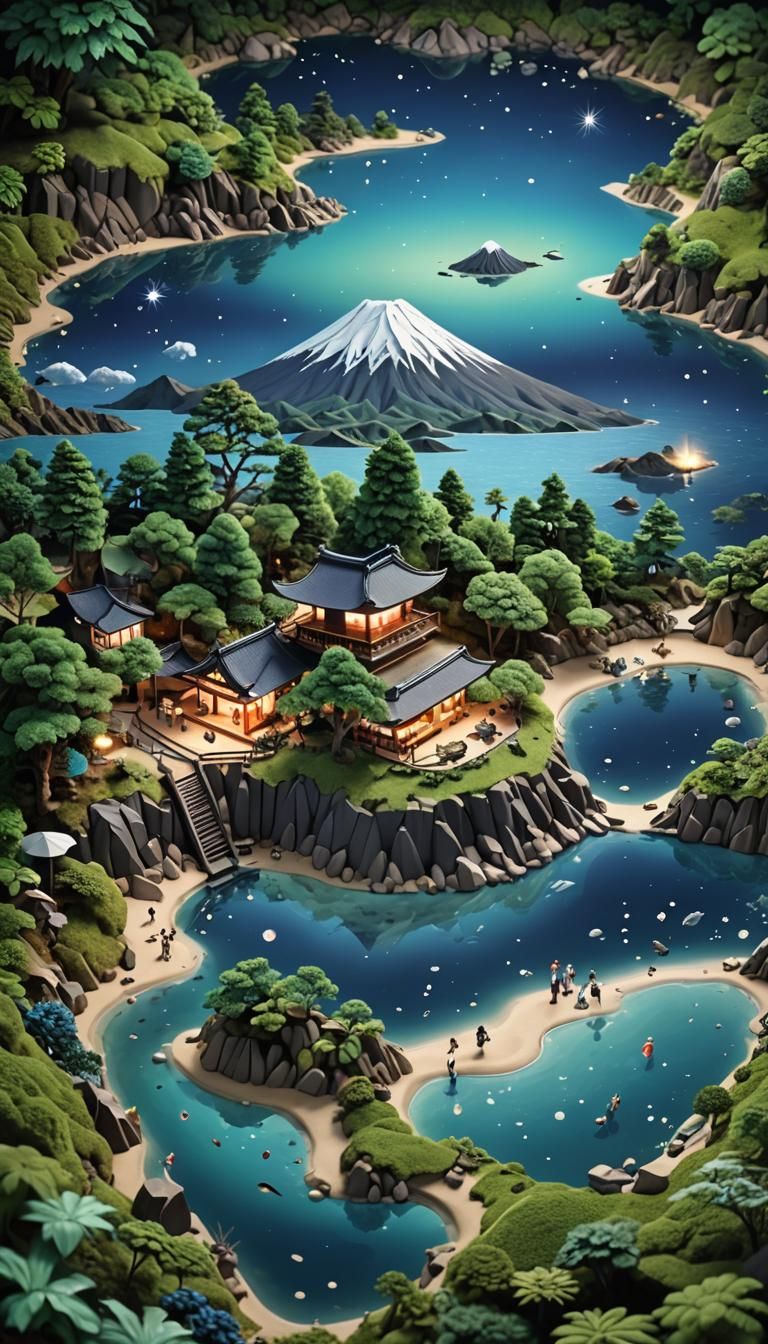 Night miniature landscape with twinkling stars and underwate...