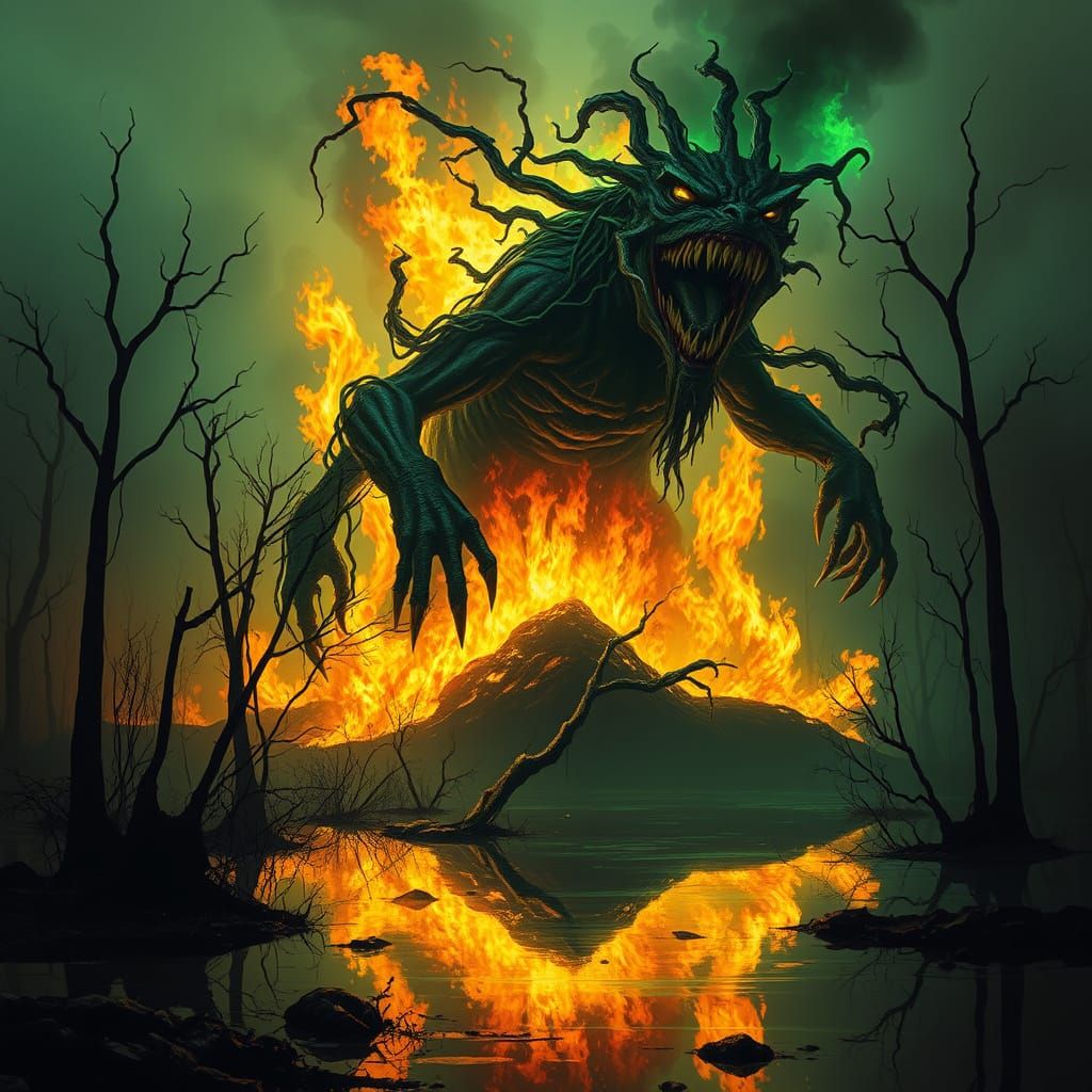 Monstrous Creature Emerges from Burning Forest