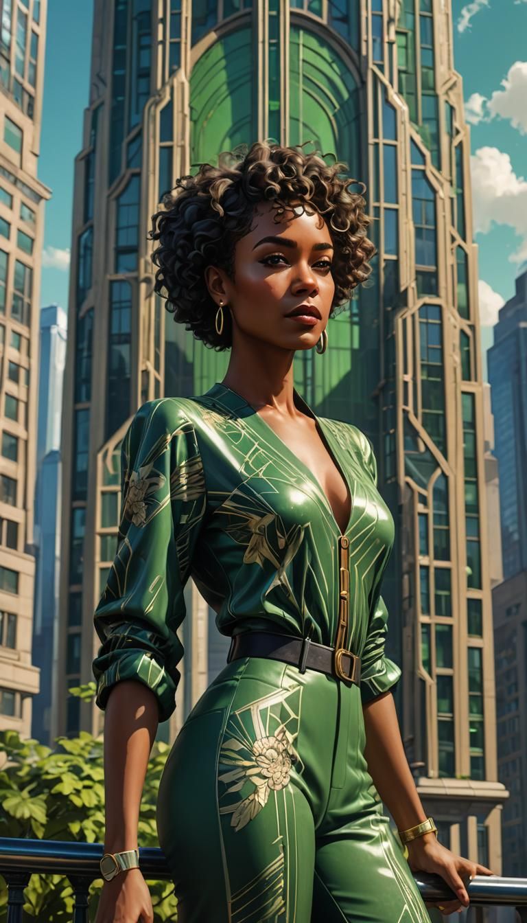Art Deco Woman in Front of Green Skyscraper
