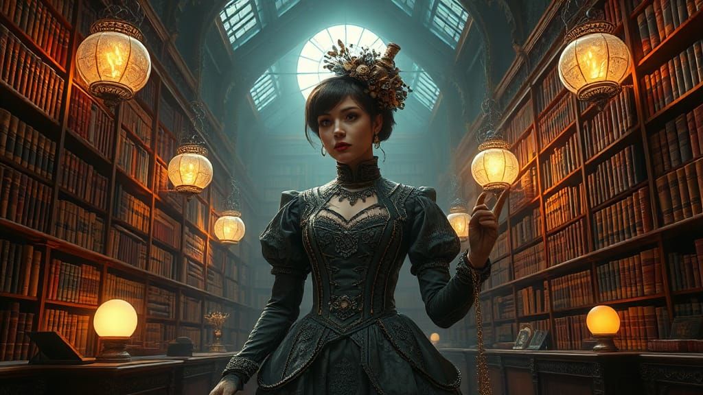 Steampunk Woman in Mystical Library with Luminescent Orbs
