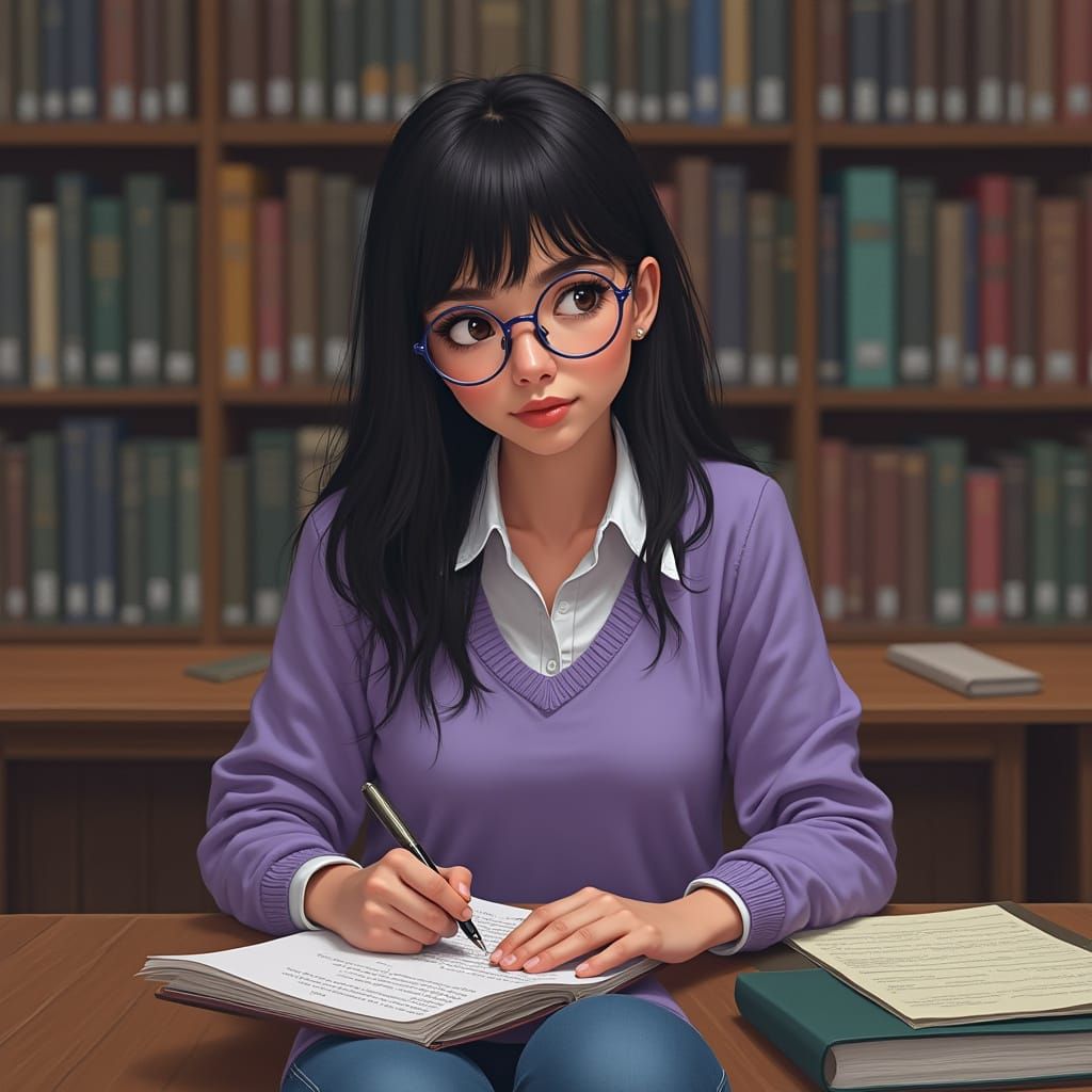 Hyperrealistic Portrait of Young Woman Writing in Library