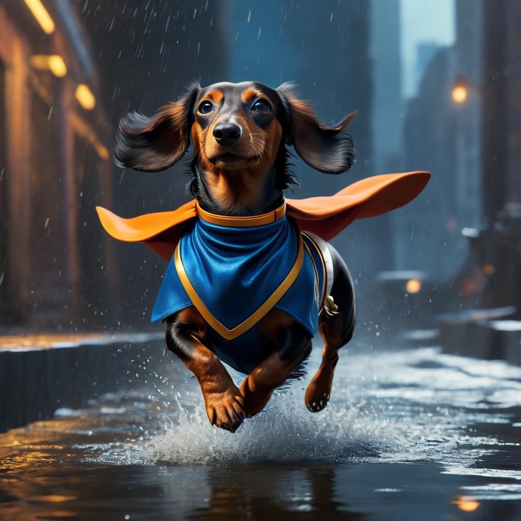 Superhero Dachshund Leaping Puddle: Matte Painting