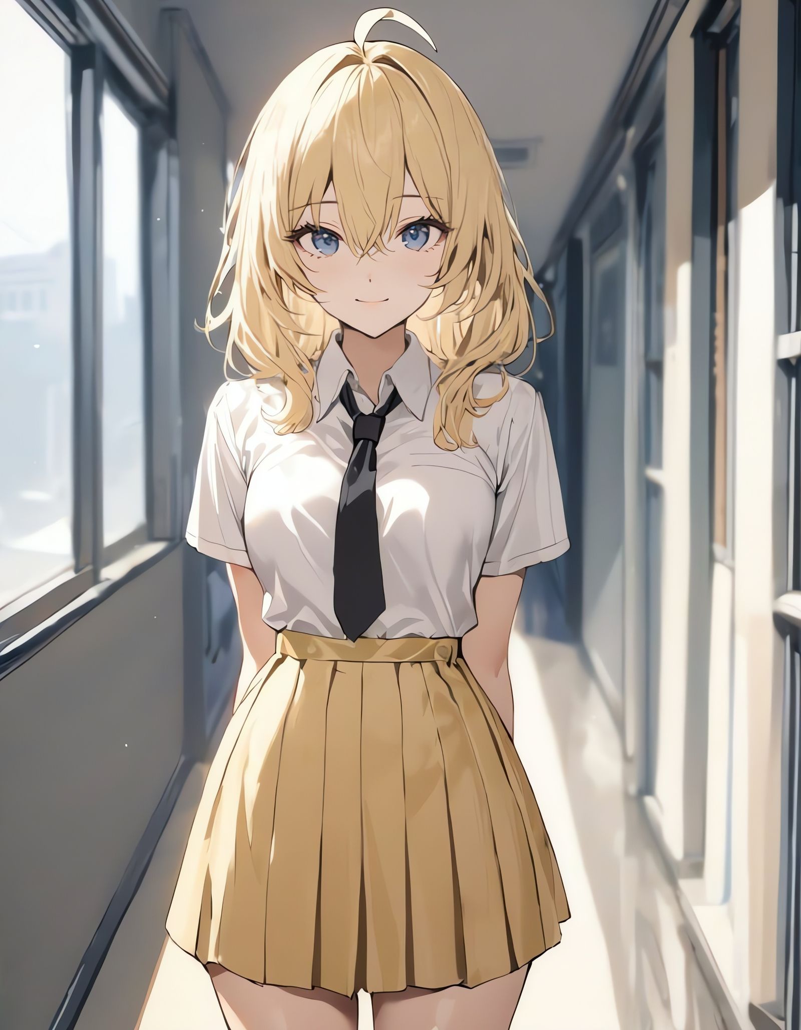 Anime Girl in School Hallway with Sunlight