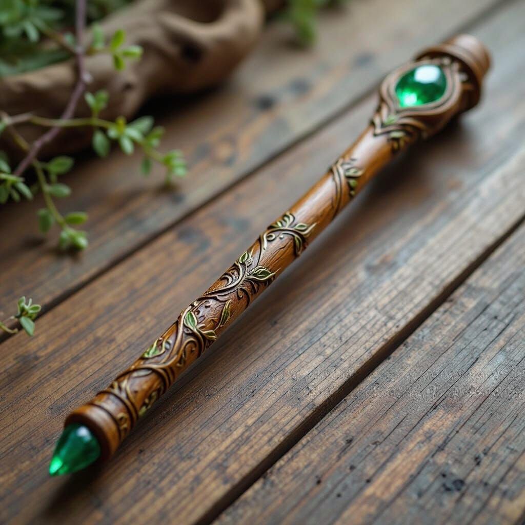 Enchanted Willow Wand with Emerald, Mystical Art