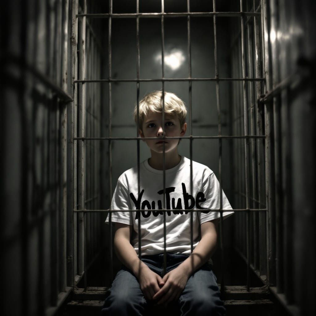 Stark Realism: Child in Faded Cage with 'Youtube' Graffiti