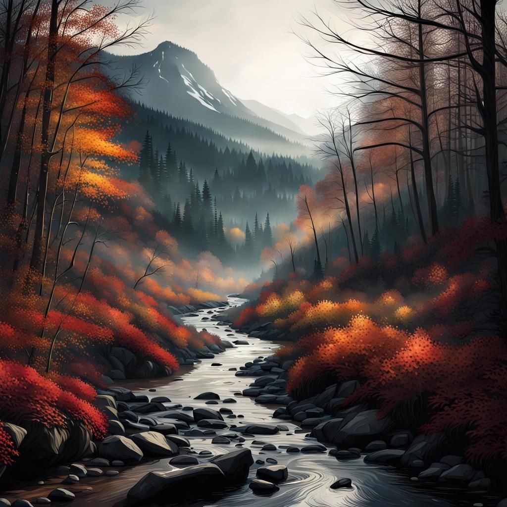 Dystopian Forest Landscape with Mountain Stream