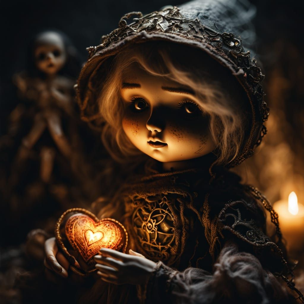 Creepy Doll with Witch's Heart in Dark Fantasy Style