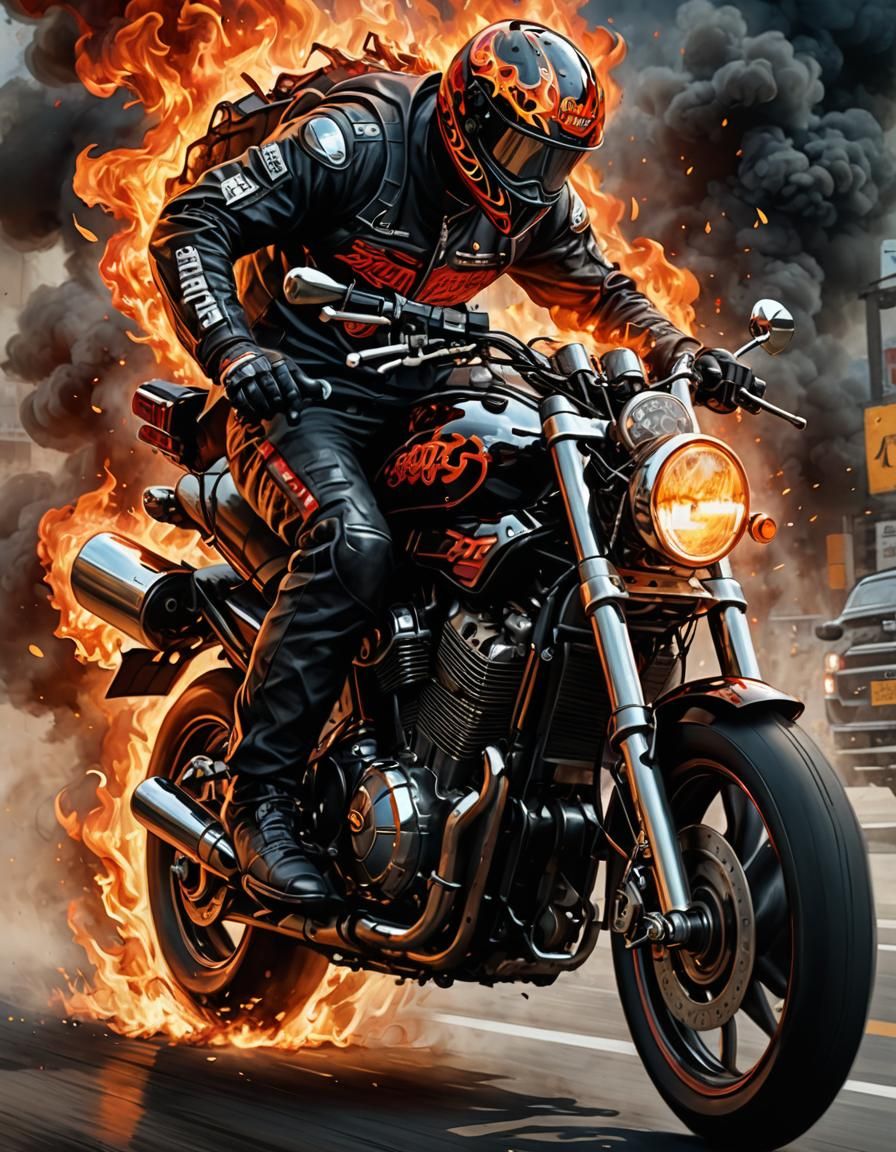 Motorcycle Engine Roaring in Flames: Digital Painting