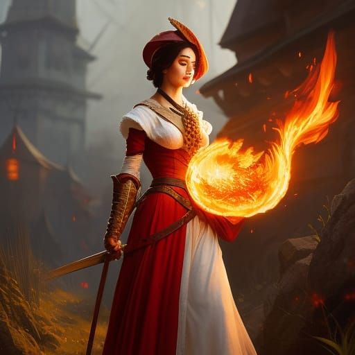 Flame Summoner in Medieval Garb, Digital Art