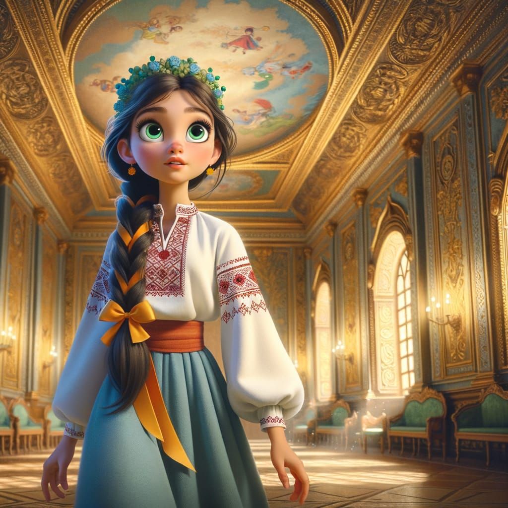 Ukrainian Girl in Vyshyvanka Admires Golden Chamber