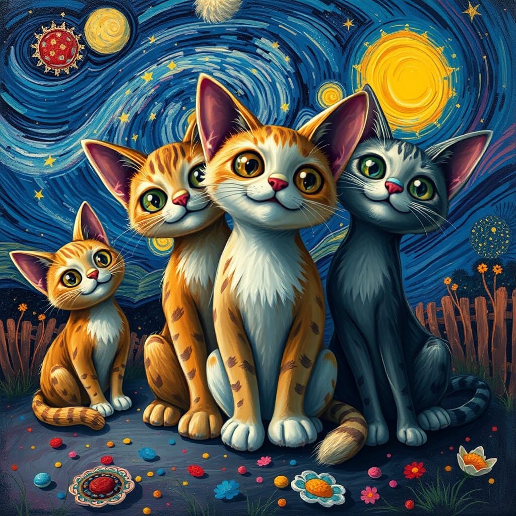 Cats in Cubist Style with Dreamlike Background