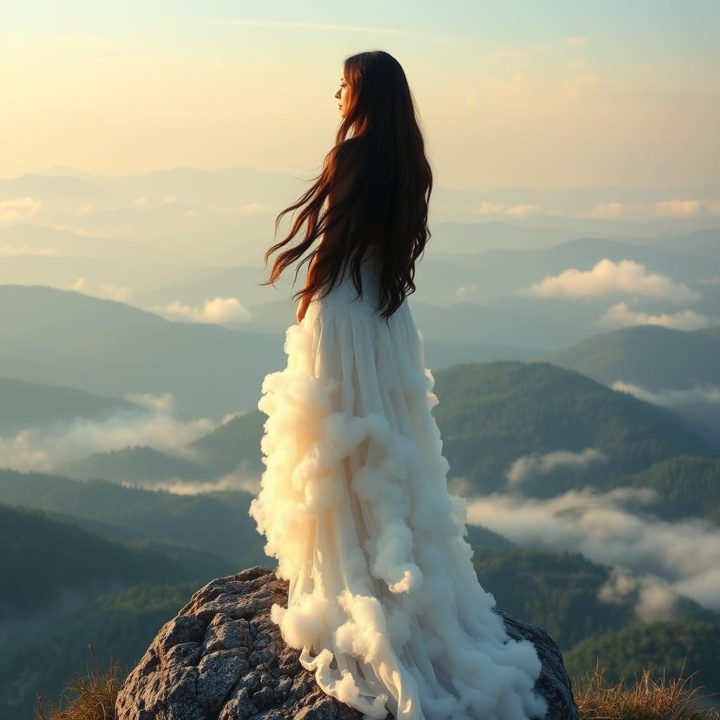 Ethereal Goddess of Serenity Amidst Cloudy Mountainscape