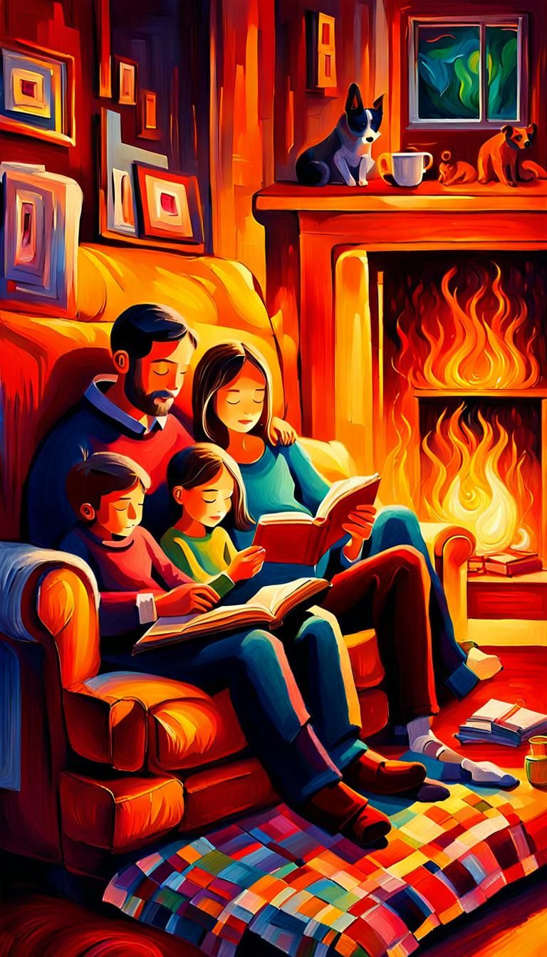 Family in Cozy Abstract Expressionist Living Room