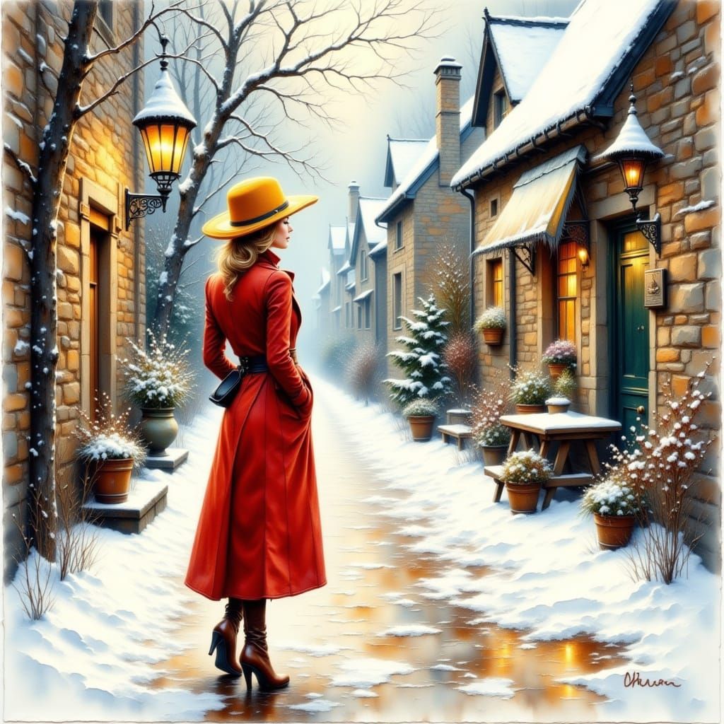 Elegant Woman in Red Coat in Winter Village