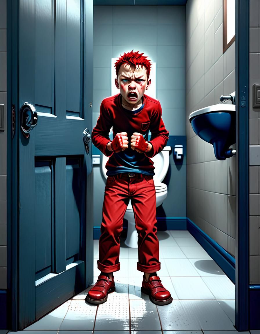 Frustrated Boy Waiting for Bathroom: Caricature Art