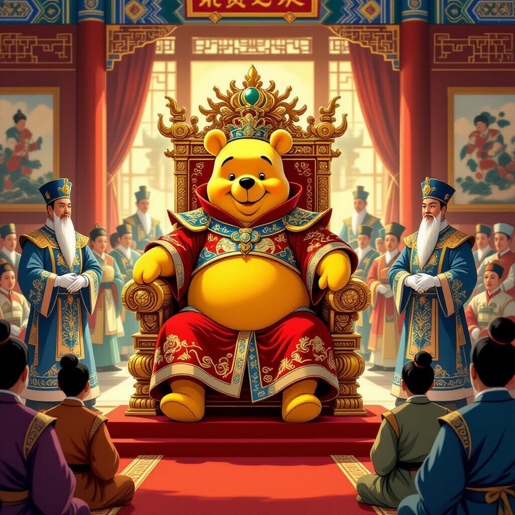 Winnie the Pooh Rules Palace in Dragon Robe on Throne