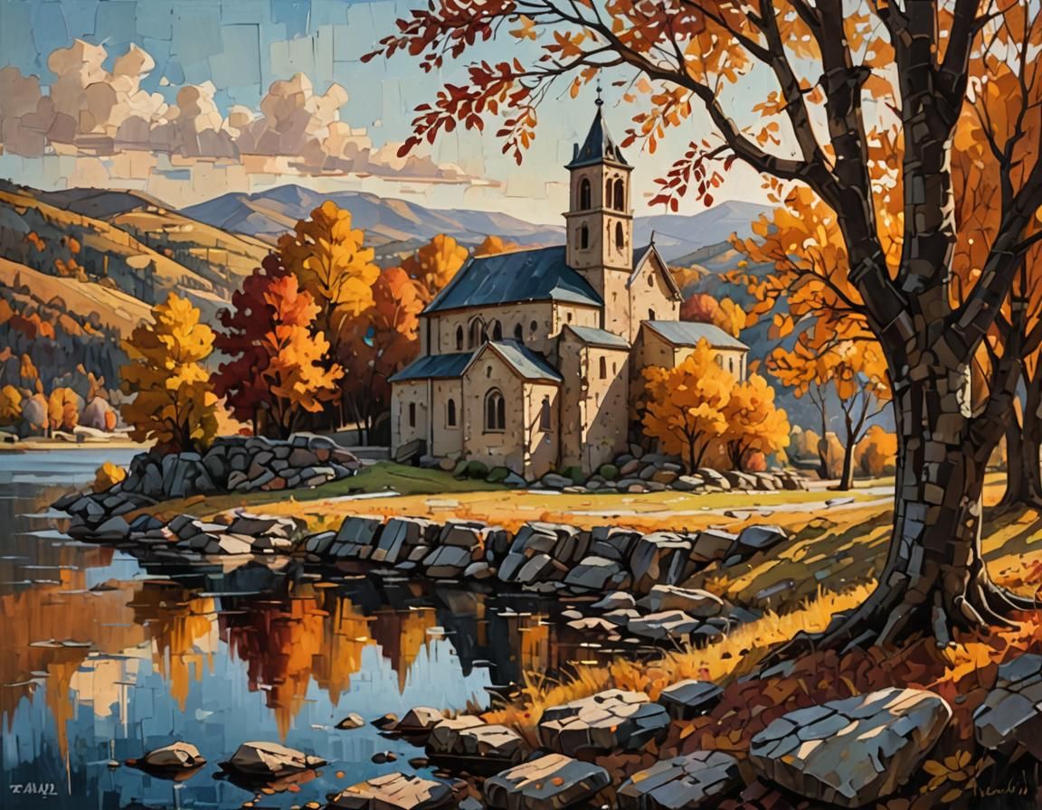 Autumn Monastery: Acrylic Painting with Impasto Textures