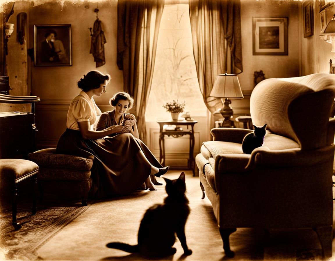 Vintage Sepia-Toned Couple with Cat in Living Room