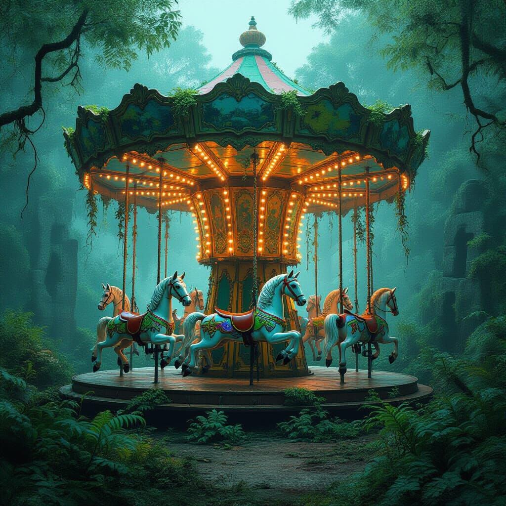 Alien Jungle Reclaims Abandoned Carousel on Forgotten Planet
