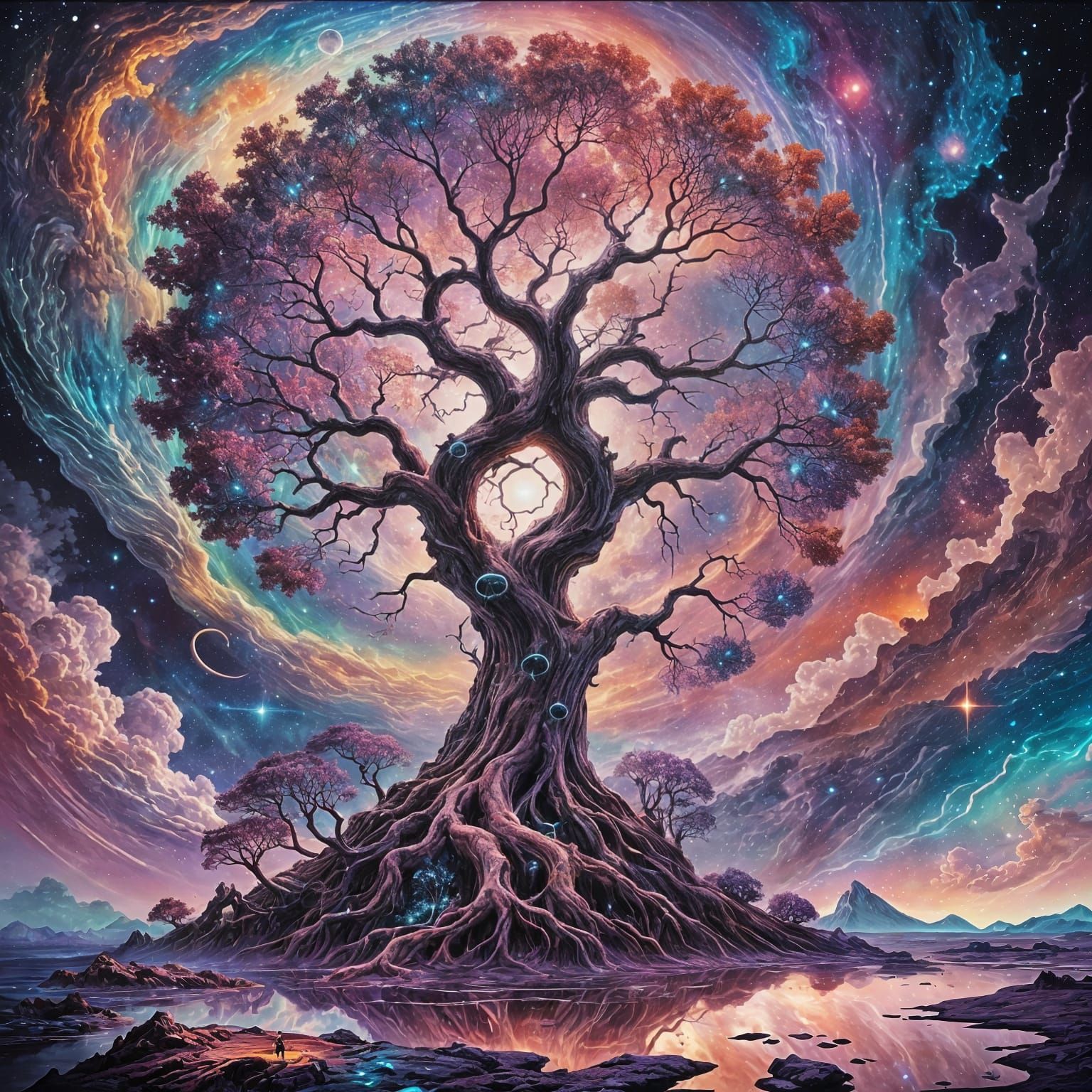 Breathtaking Cosmic Landscape with Ethereal Tree