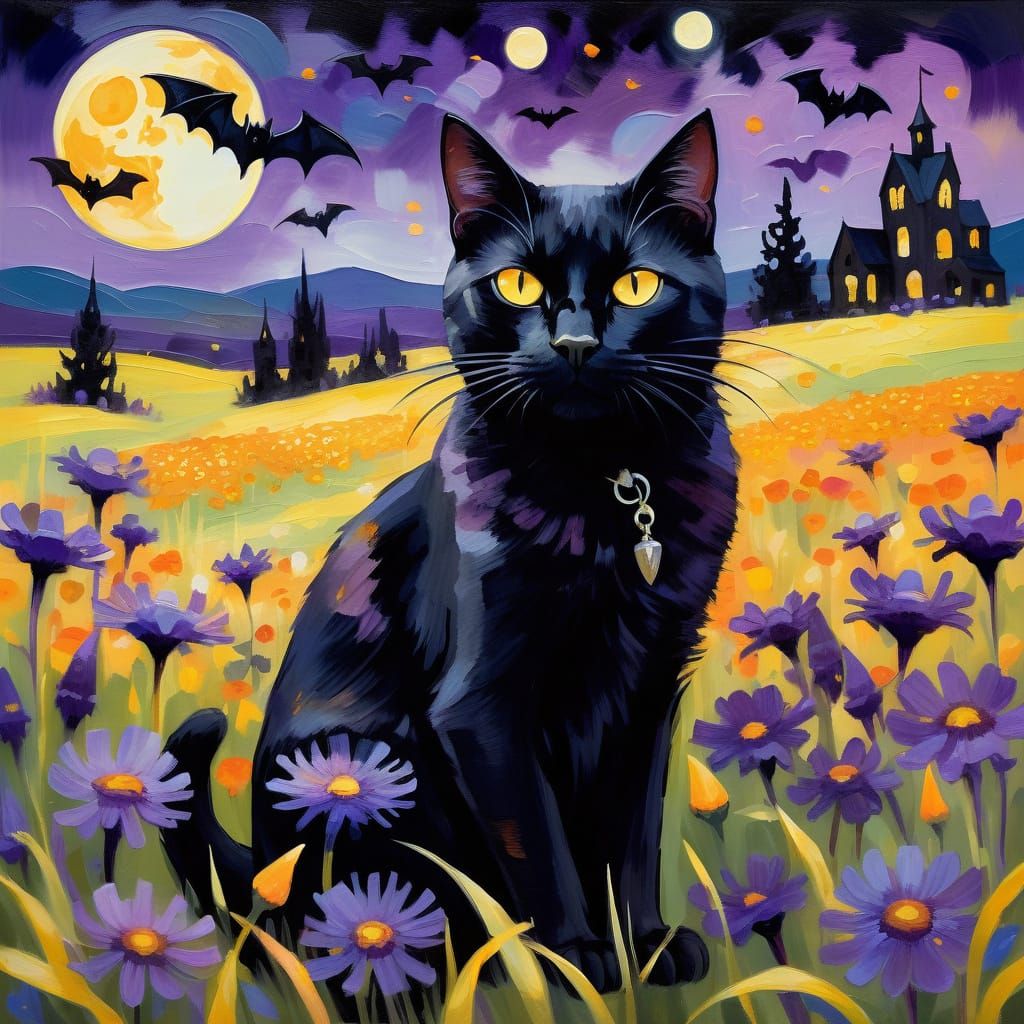 Black Cat in Wildflowers: An Impressionist Painting