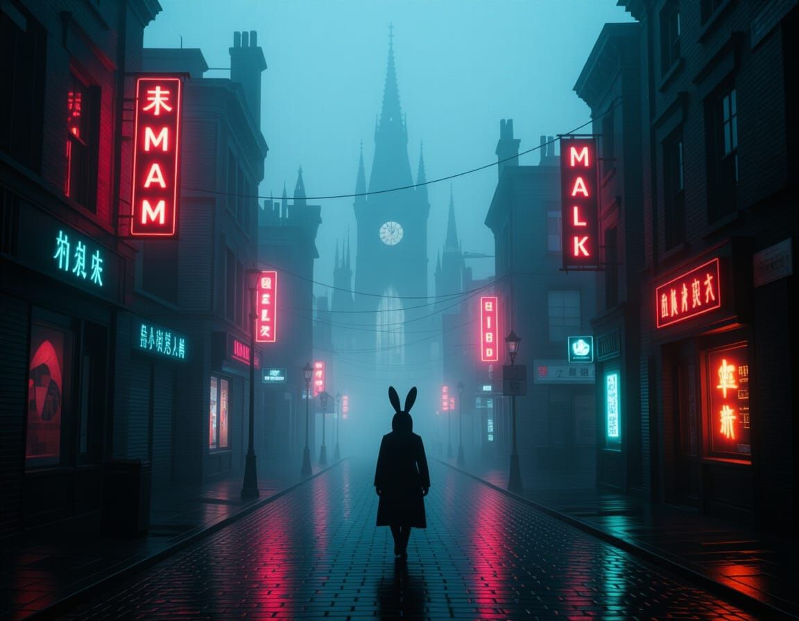 Gothic Cyberpunk Cityscape at Midnight in Fog