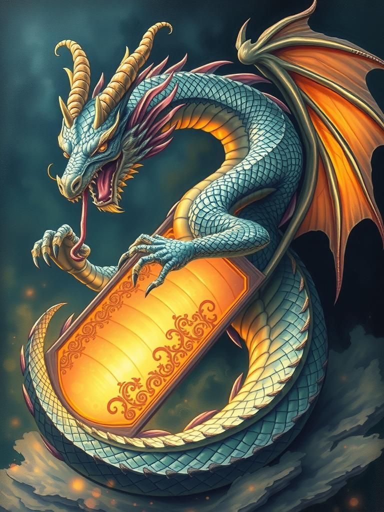 Dragon Wrapped Around Artifact in Art Nouveau Impasto Style