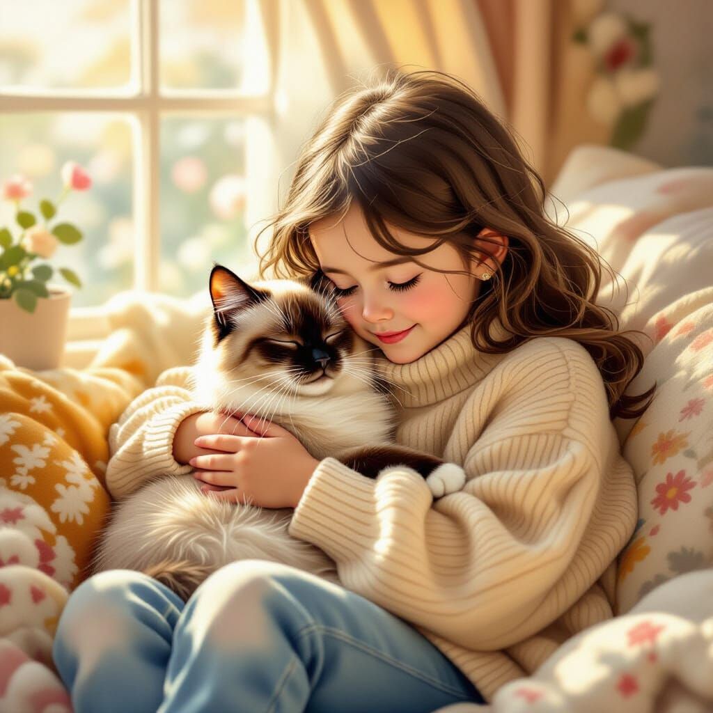 Girl Cuddles Siamese Cat in Whimsical Sunlight