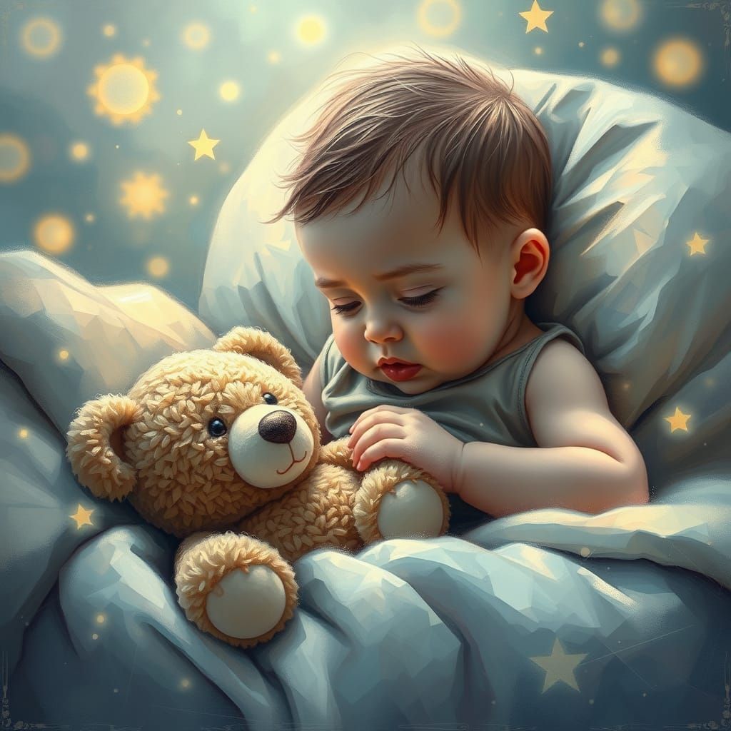 Baby Boy Plays with Teddy Bear in Surreal Wonderland