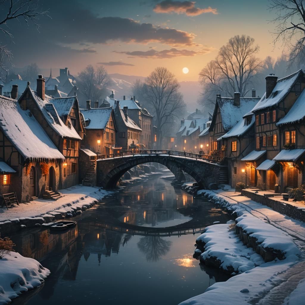 Winter Village Canal at Night: Cinematic Digital Painting