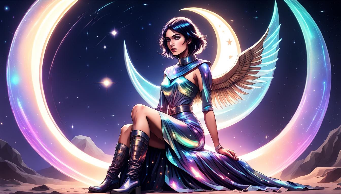 Mystical Woman on Crescent Moon with Holographic Dress