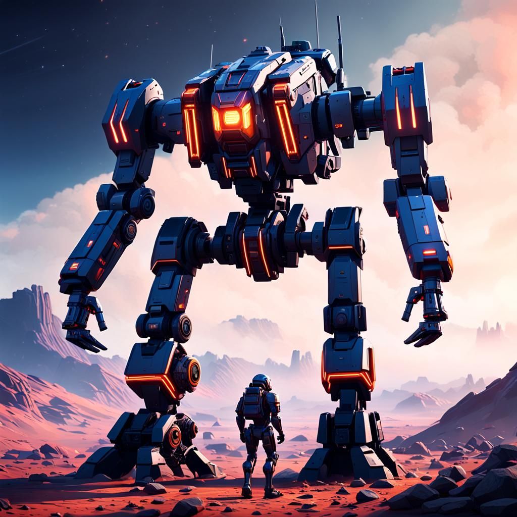 Sci-Fi Artillery Mech Concept Art in Neon City