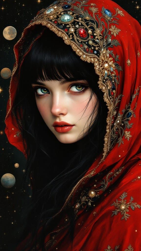 Enigmatic Young Woman in a Celestial Setting, in Pre Raphael...