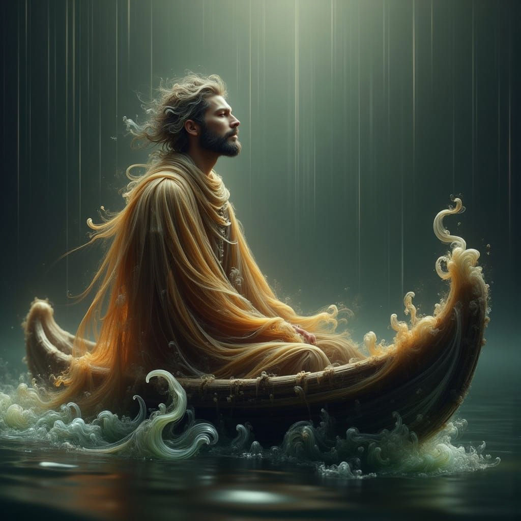 Ethereal Fantasy Scene with Canoe and Rain