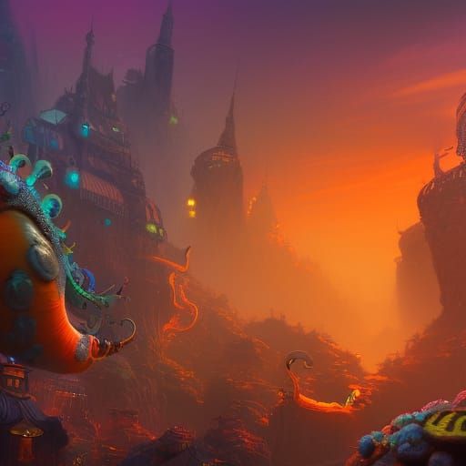 Orange Psychic Snails City: Detailed Matte Painting
