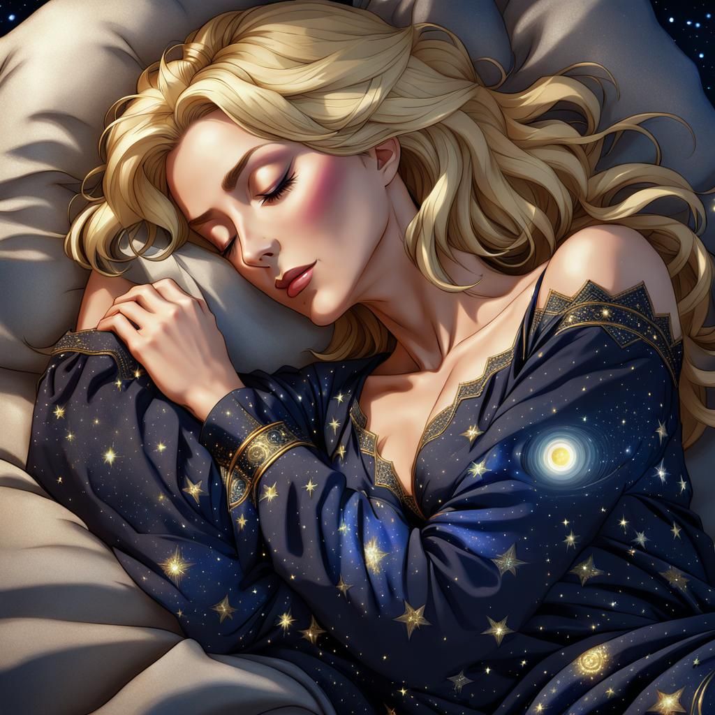 Mature Blonde Woman Sleeping in Anime Style