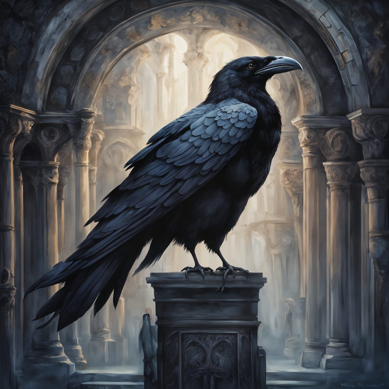 Dark Fantasy Painting of Woman and Giant Raven