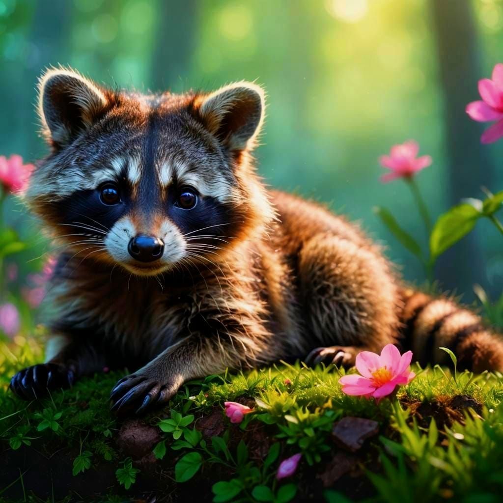 Baby Raccoon in Magical Forest, Photorealistic 8K