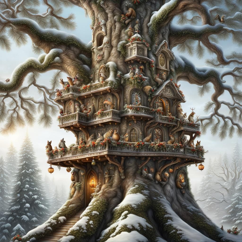 Christmas Tree Decorated with Squirrels and Nutcrackers