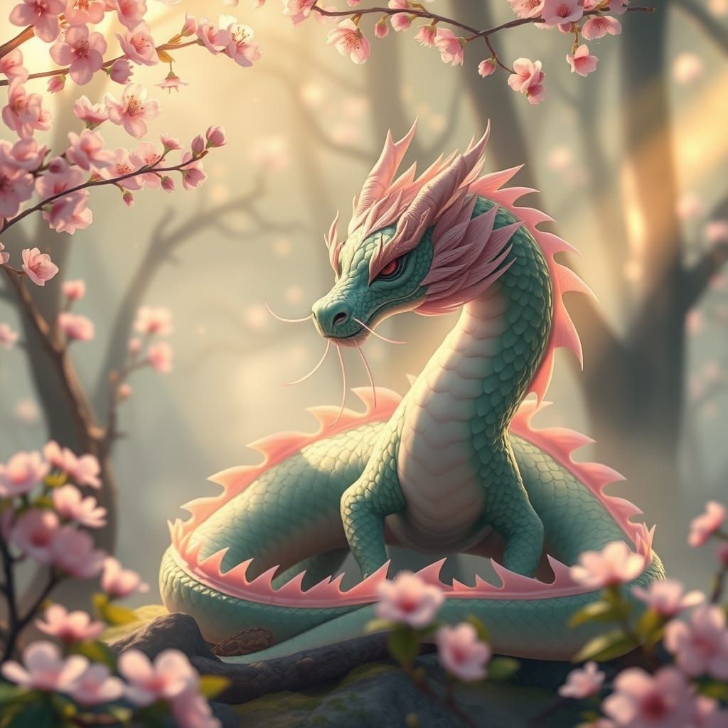 Mystical Eastern Dragon Awakens in Spring Forest