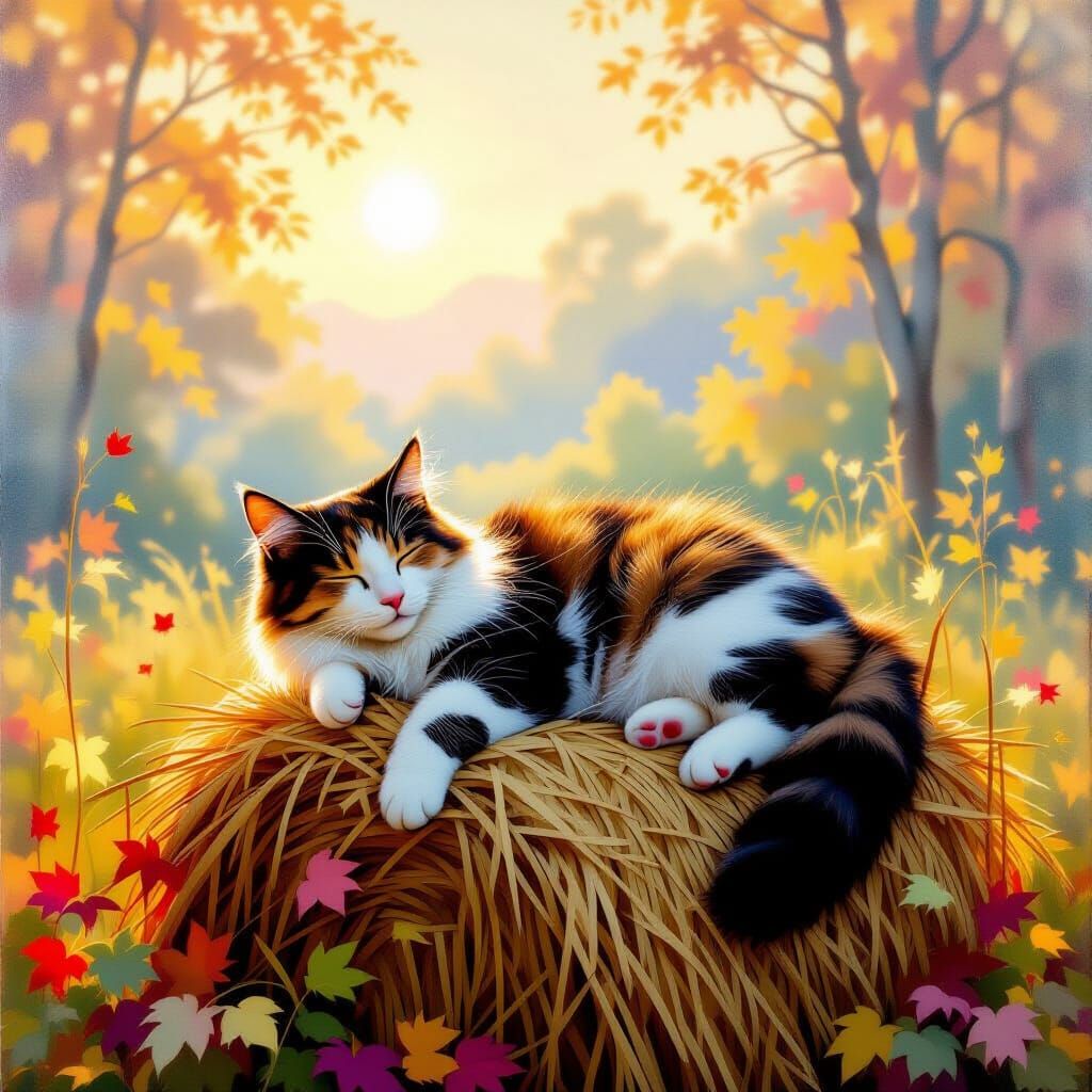 Cat Resting on Hay Stack in Luminous Style