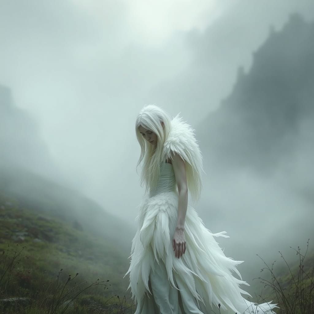 Swan Maiden in Misty Valley, Ethereal Digital Art