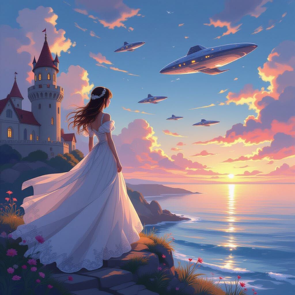 Anime Princess Watches Spaceships Landing