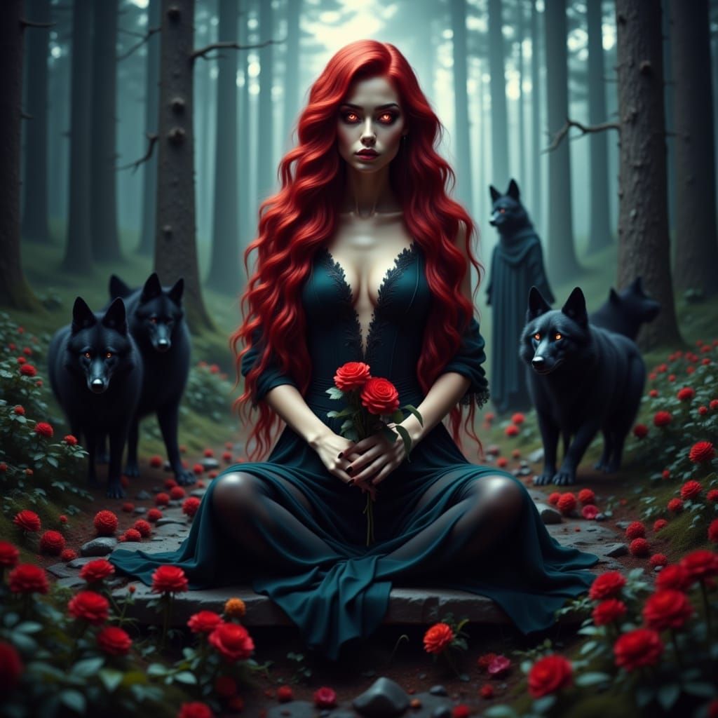 Mystical Woman in Misty Forest with Red Umbrella