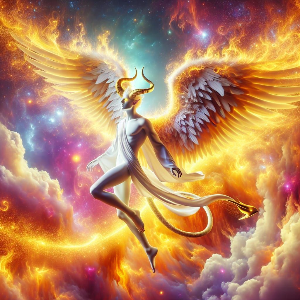 Angel With Golden Horns Soaring Through Sky