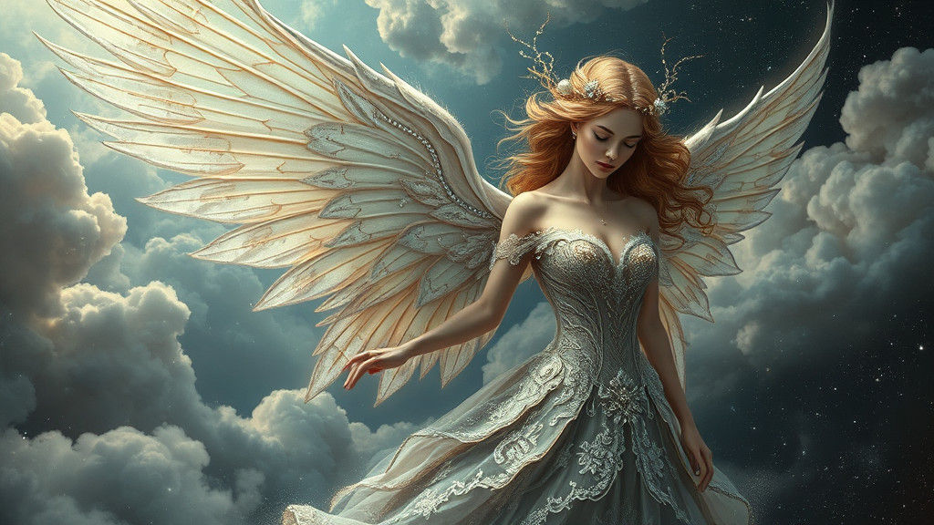 Majestic Angel in Ornate Gown with Delicate Wings