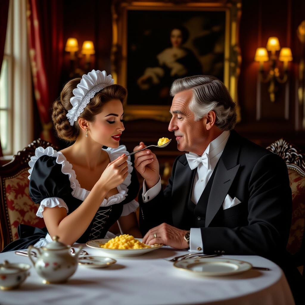 Intriguing Scene: French Maid and Gentleman at Opulent Table